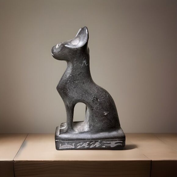 VTG  Egyptian Cat Feline Figurine Polished Stone Gray Middle Eastern Sphinx - Picture 3 of 11